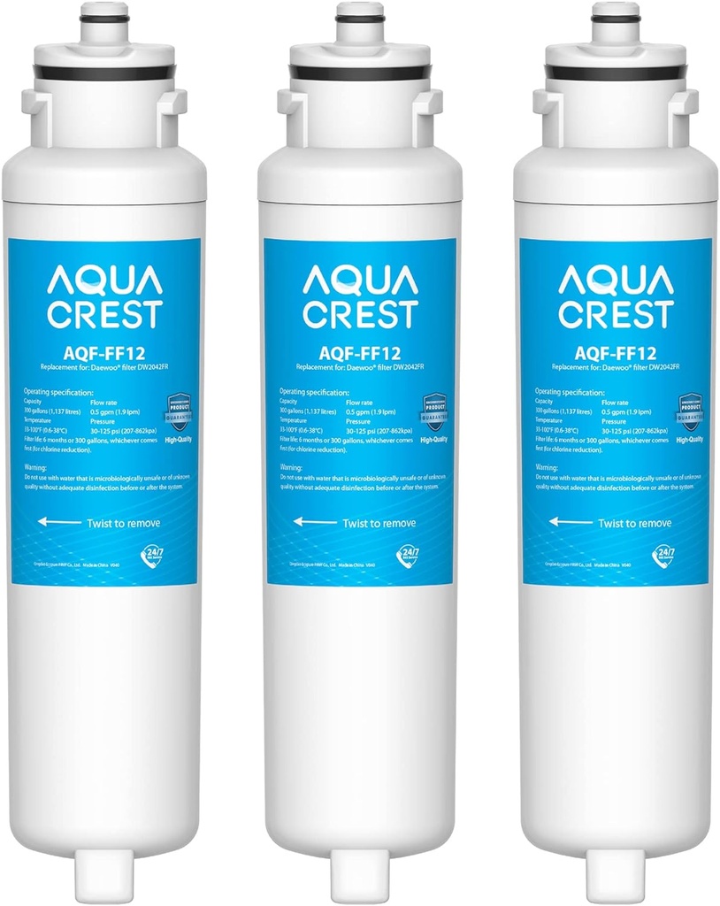 AQUACREST DW2042FR-09 Refrigerator Water Filter, Compatible with Daewoo DW2042FR, Kenmore 46-9130, DW2042FR-09, Aqua Crystal DW2042F-09 (Pack of 3)