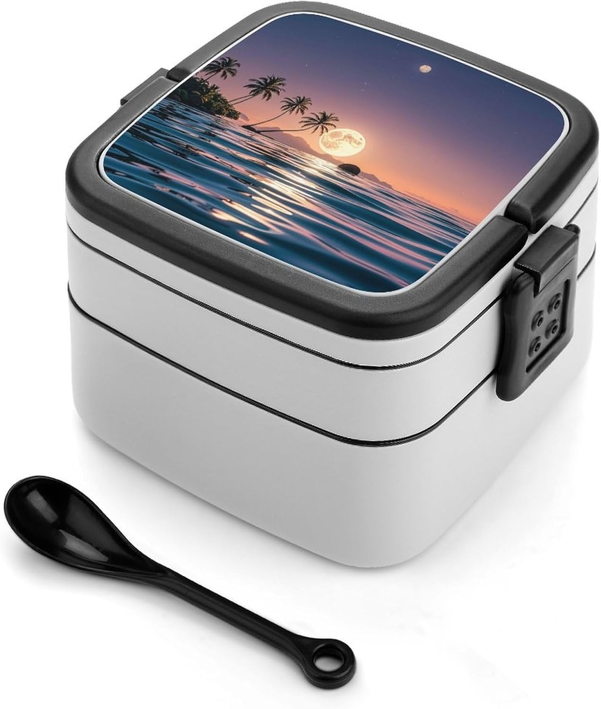 The Moon Above The Ocean Bento Box Leak-Proof Double Layered Lunch Containers with Spoons And Invisible Handle, Portable Lunch Boxes for Work Picnic Travel