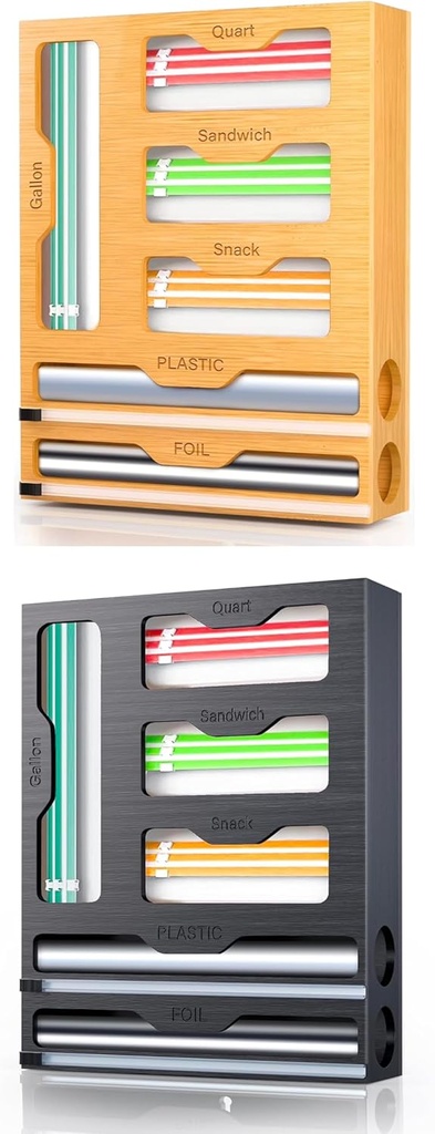 KOCWELL Bag Organizer and Plastic Wrap Dispenser with Cutter, 6 In 1 Bamboo Foil and Plastic Wrap Organizer for Kitchen Drawer, Food Storage Bag Organizer for Gallon,Quart,Sandwich,Snack