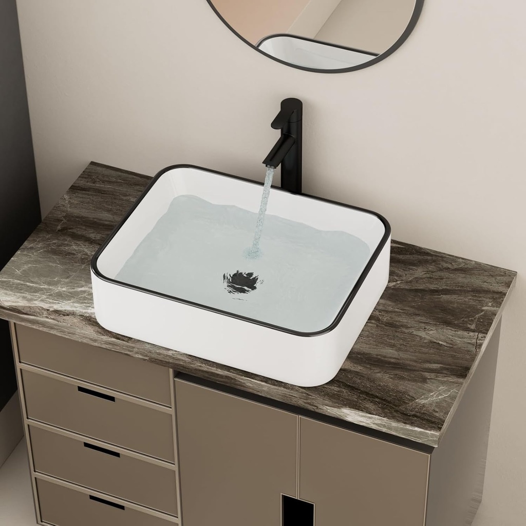 19 Inch Bathroom Vessel Sink Rectangular 19x15 Above Counter Porcelain Sink White with Black Trim White Bathroom Sink Rectangle Large Washing Basin