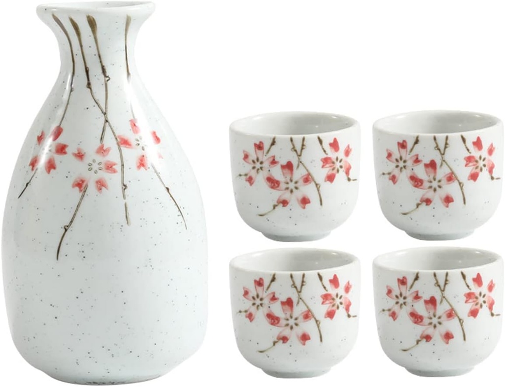 5 Pieces Sake Set, Japanese Fresh Style Traditional Retro Ceramics Sake Cup Set, with 1 Sake Pot and 4 Sake Cups, Elegant Design Best Gift for Family and Friends Cups