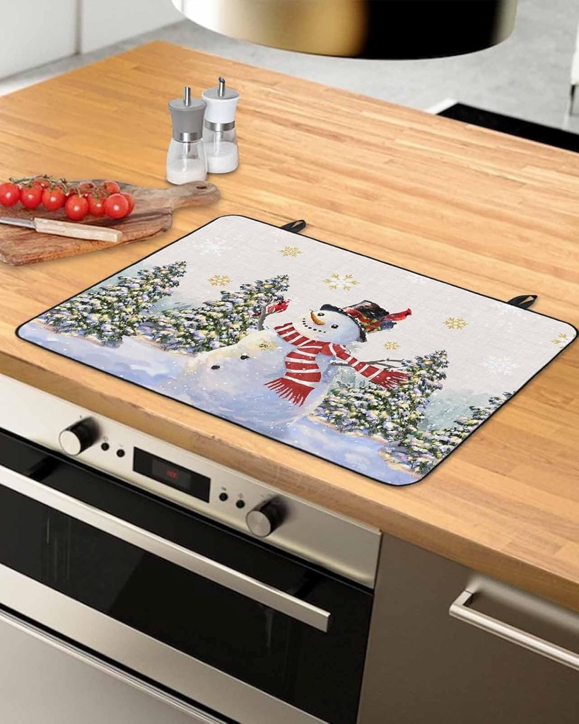 Winter Countertop Burners Protection Mats for Kitchen, Christmas Snowman Christmas Tree Snowflake Linen Rubber Stove Top Cover Mat, Heat Proof Mats Cooktop Cover for Counter Dish Drying Mat, 31"x24"