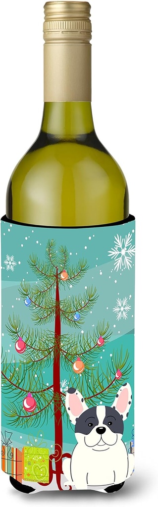 Caroline's Treasures BB4136LITERK Merry Christmas Tree French Bulldog Piebald Wine Bottle Hugger Bottle Cooler Sleeve Hugger Machine Washable Collapsible Insulator Beverage Insulated Holder
