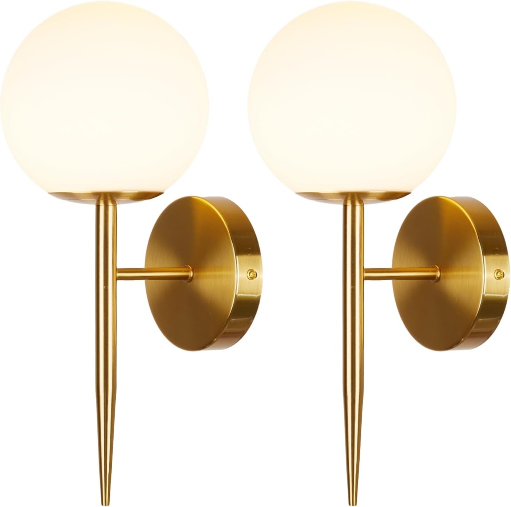 Modern Gold Globe Wall Sconce Decor Set of 2, Industrial Mid Century Bathroom Vanity Wall Light with White Globe Glass Shade Brushed Brass Wall Lamp for Restaurant Living Room Bedside Stairs