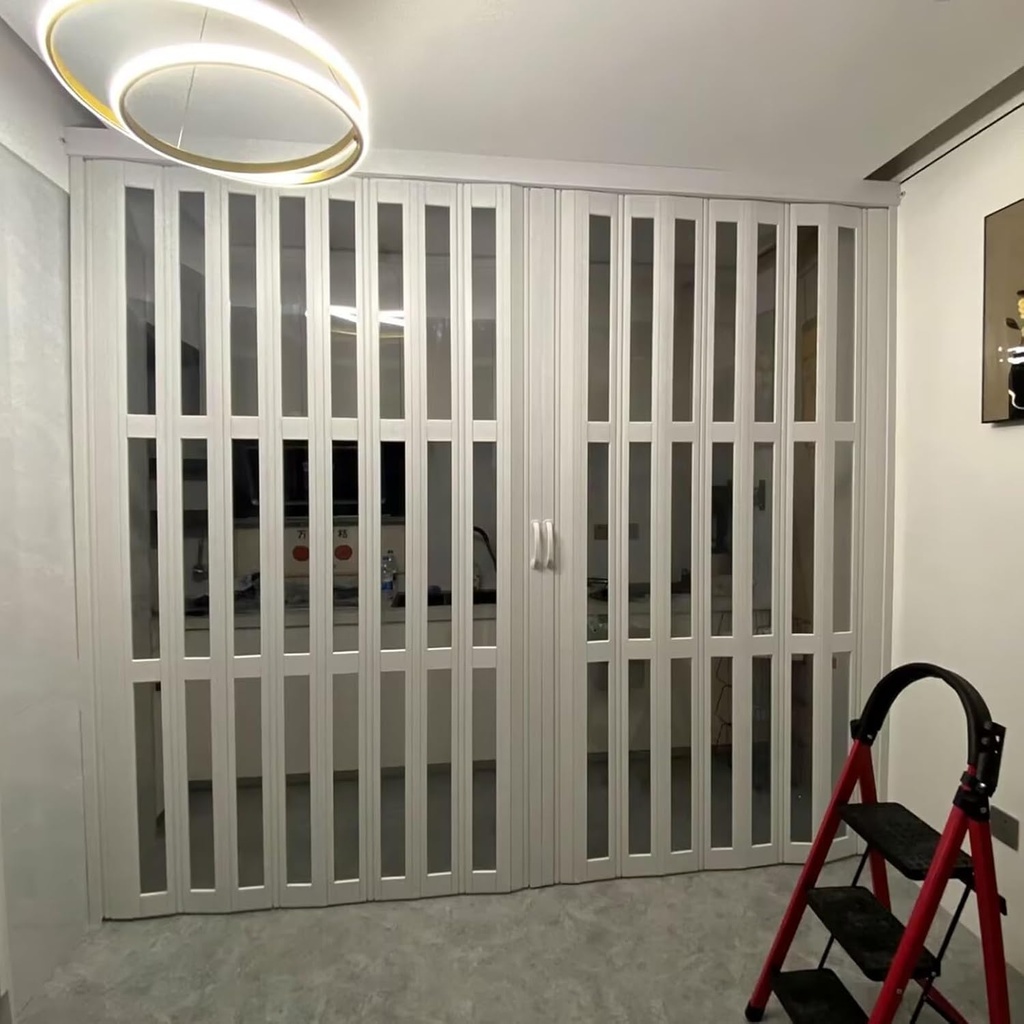 Customizable Large Accordion Door with Lock, PVC Foldable Doors with Handles & Acrylic Glass, Room Divider Gate for Kitchen/Balcony/Storeroom/Bathroom(59x80in(150x203cm))