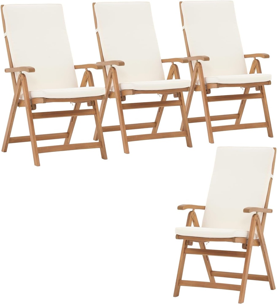 OC Orange-Casual Folding Patio Dining Chair Set of 4, Outdoor Acacia Wooden Reclining Chair w/Armrest & Removeable Cushion, Solid Wood, for Porch, Backyard, Garden, Indoor, Beige