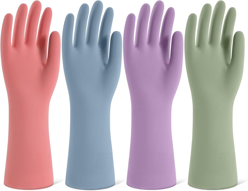 Rubber Cleaning Gloves for Dishwashing, 4 Pairs Reusable Kitchen Gloves for Washing Dishes and Household Cleaning, Colorful Dish Gloves with Flocked Lining and Non-Slip Grip, Pefect for Woman Men - M