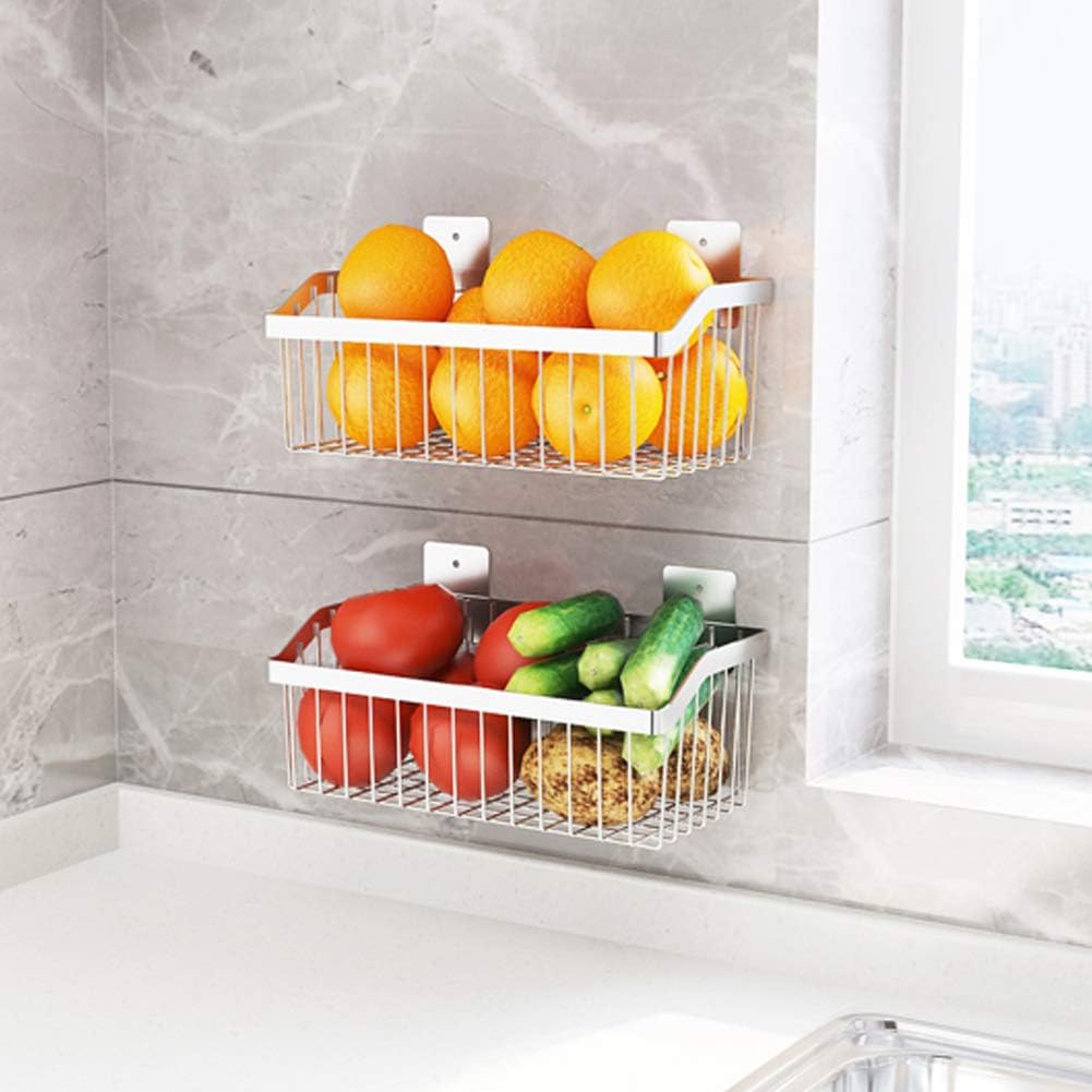 2PCS Kitchen Storage Metal Wire Fruit Basket - SUS304 Stainless steel Organizer Storage Bin Baskets for Bathroom - Space Saving Design for Pantry Organization, Spice Rack,Self Adhesive（Silver）