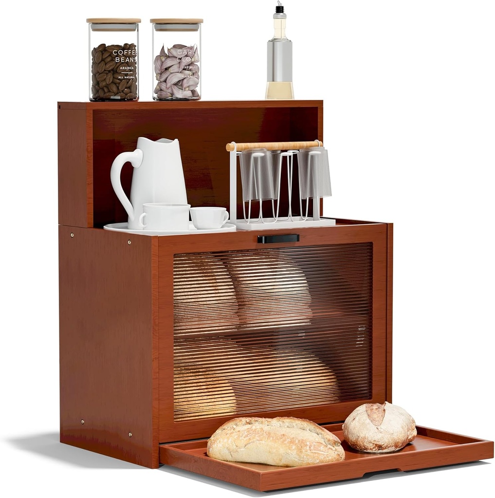 Bread box for Kitchen Countertop, Farmhouse BreadBoxes for Kitchen Counter Airtight, Large Bamboo Organizer for Homemade Bread Storage, Cups, Spices & Snacks, Dark Brown
