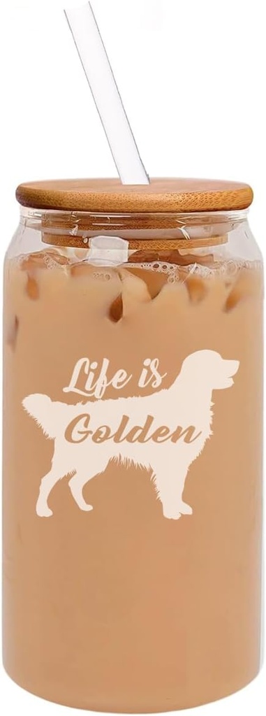 MIP 16oz Can Shaped Glass Iced Coffee Cup with Bamboo Lid and Straw Gift Golden Retriever 'Life is Golden'