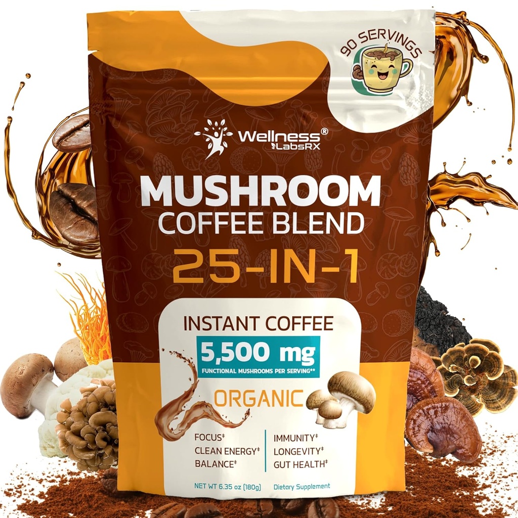 Mushroom Coffee Organic Instant Coffee, 25-in-1, Third-Party Tested Keto Friendly Lions Mane Supplement with Functional Mushrooms – Shiitake, Reishi, Lion’s Mane & More | Smooth, Rich Flavor - 90 Servings