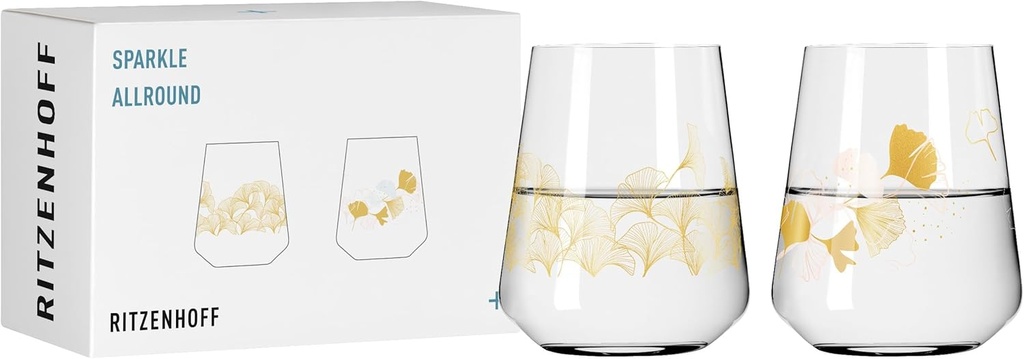 RITZENHOFF 3981003 Universal Glass Set of 2 500 ml Sparkle Allround Soft Drink Glass with Ginko Motif Made in Germany