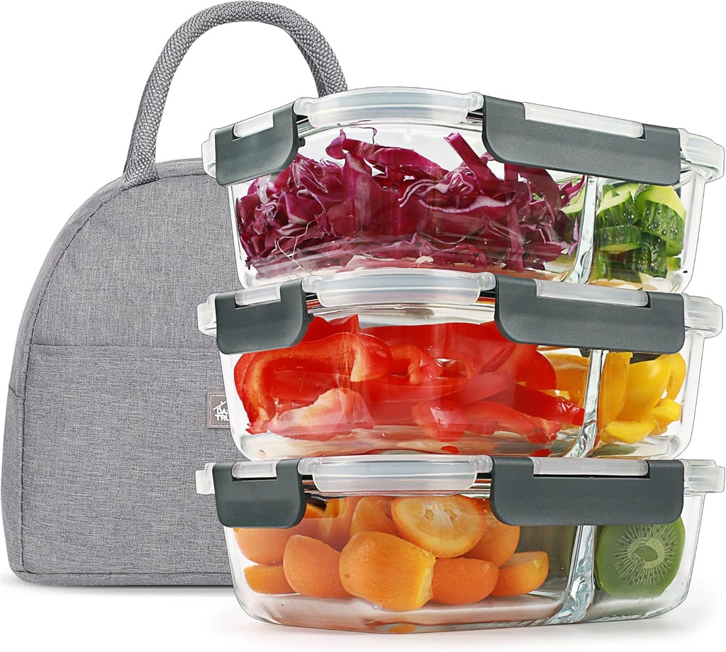 DAS TRUST 3 Pack Food Storage Containers 2 Compartment Glass Meal Prep Containers with Lids for Adult Food Prep Containers with Divider Reusable Lunch Bento Box