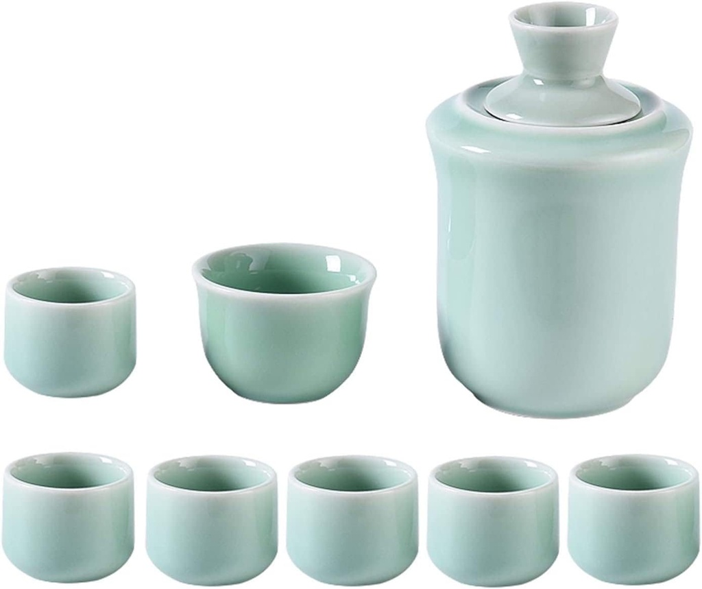 Sake Set Japanese Sake Pot Set Traditional Sake Cup Hand Painted Design Porcelain Pottery Ceramic Crafts Wine Glasses with Keep Warm Cup, 9 Piece,G
