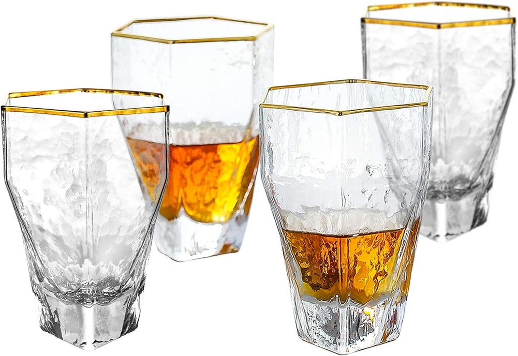 G Hammered Hexagon Whiskey Glasses Short Trumpet Gold Rim Highball Glass Set of 4, 13.4 oz Old Fashioned Crystal Bourbon Glasses Scotch Cocktail, Bar Tumbler Wine Glasses(Mixed)