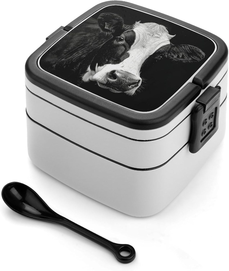 A Black And White Cow Bento Box Adult Lunch Box All-in-One Lunch Containers with Removable Compartments Double Layer Bento Lunch Box with Spoon And Handle Stackable Lunchbox