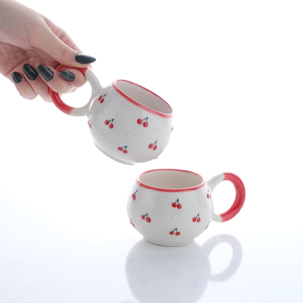 Ceramic Espresso Cups Cherry Patterned | Demitasse Coffee Mug Set of 2 | Cute Small Tea Cups | 5.5 oz | Cappuccino Cortado Cups