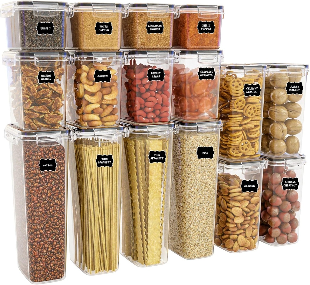 Yieach Air Tight Pantry Storage Containers -16 PCS With Label - BPA Free Plastic Airtight Food Storage Containers with Lids for Dry Foods,Chip,Grain,Sugar,Flour and Kitchen Cereal Containers Storage