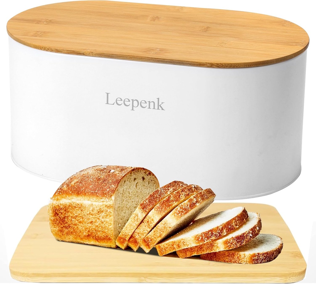 LEEPENK Bread Boxes with Bamboo Lid Modern White Storage Container White Bread Box for Kitchen Countertop with Cutting Board Lid