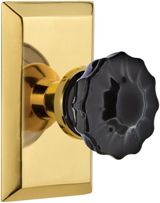 Nostalgic Warehouse 727321 Studio Plate Crystal Black Glass Door Knob in Polished Brass, Privacy 2.75