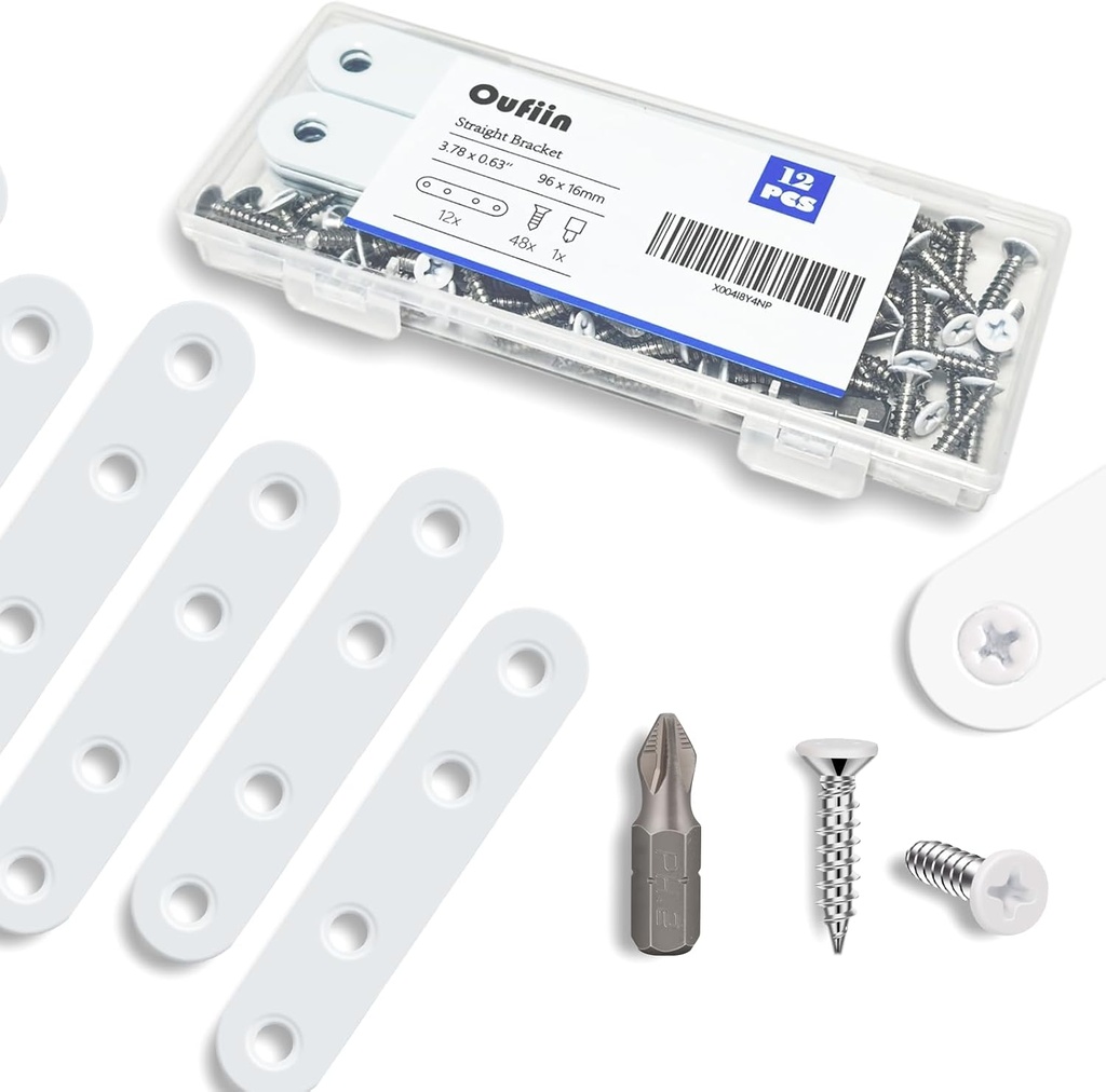 12Pcs White Stainless Steel Straight Braces, 3.78” Flat Brackets,Straight Bracket, Ideal for Wood, Bed Frame, Furniture & Shelves Mending,with 48Pcs White Stainless Steel Screws