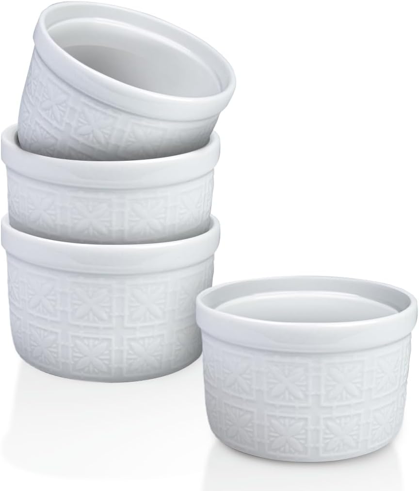 Maison Neuve 4pc Oven Safe Ramekin Set, 8 oz, White Embossed with Textured Design, Small Bowls, Ceramic Baking Dishes, Ideal for Soufflés, Dips, Sauces, and Desserts, Mediterranean style