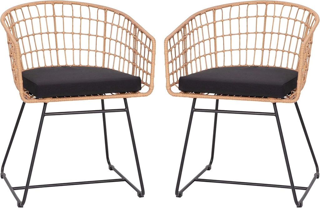 Flash Furniture Devon Set of 2 Patio Boho Club Chairs - Rope with Natural Finish PE Wicker Rattan - Black Seat Cushions and Sled Base - Indoor/Outdoor Use