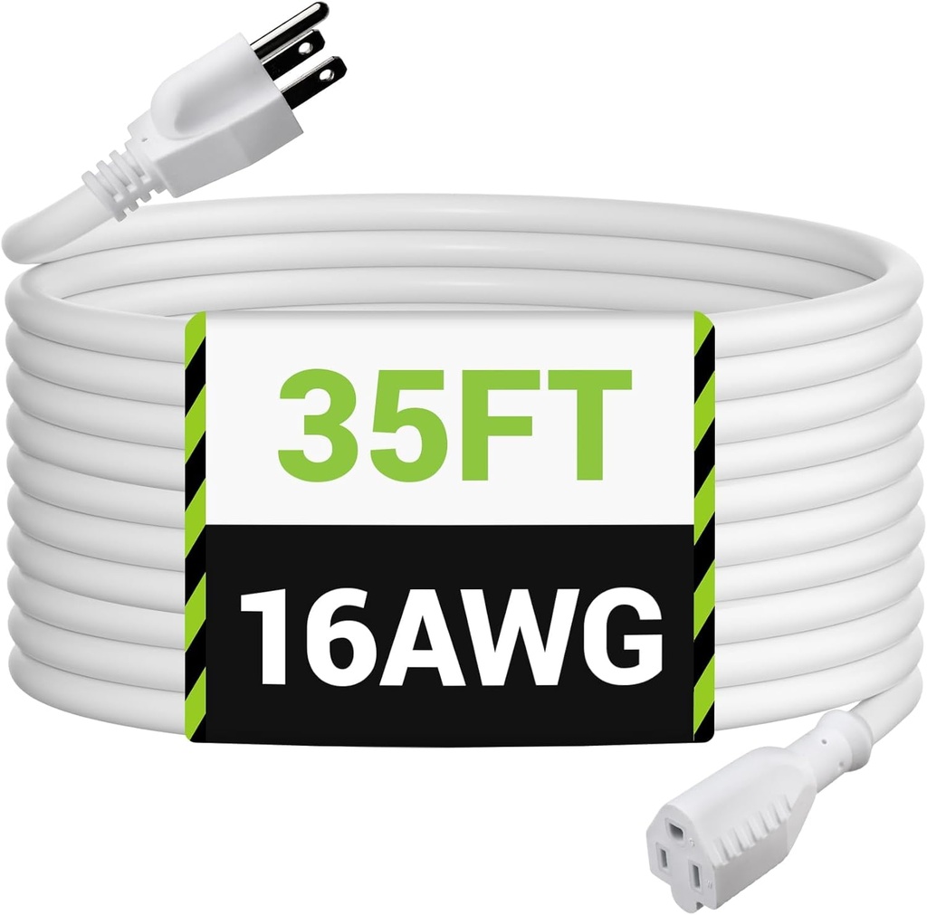BN-LINK 35ft Outdoor Extension Cord, 3-Prong, 16 Gauge General Purpose Power Cord, Grounded Plug, White, for Landscaping & Holiday Decorations, Home & Office, 13A, ETL