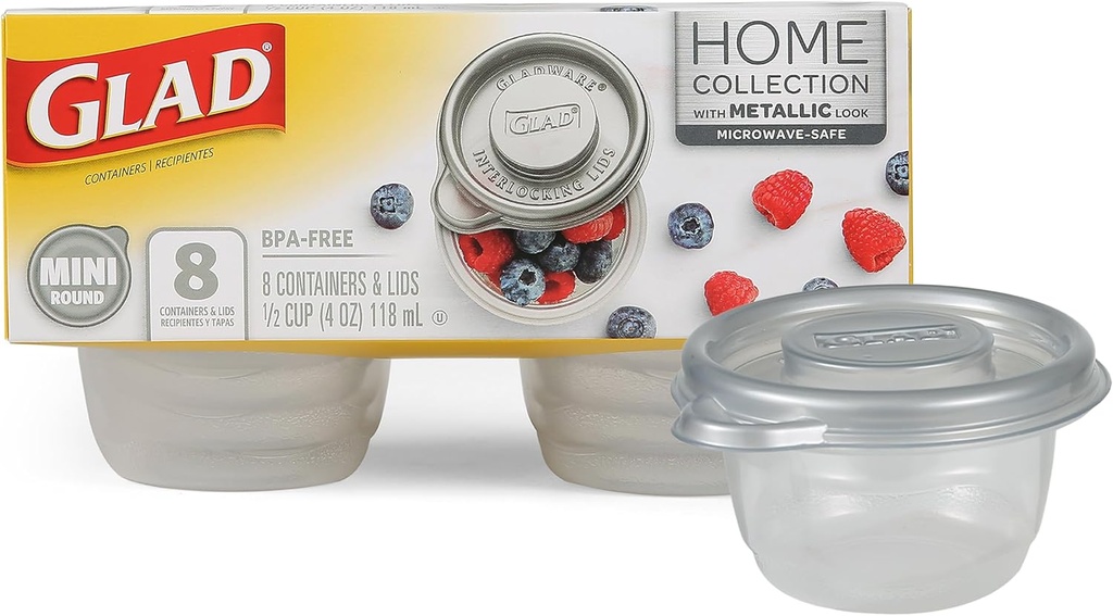 Glad GladWare Home Mini Round Food Storage Containers - Small Meal Container Holds up to 4 Ounces of Food - Lock Tight Seal, 8 Count