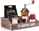 Distressed Brown Wood Coffee Station Organizer - Bar Accessories Box for Counter - Farmhouse Tea Condiment Holder Storage Basket for Pod, Syrup, Bag, Cup, Stirrer - Kitchen Decor