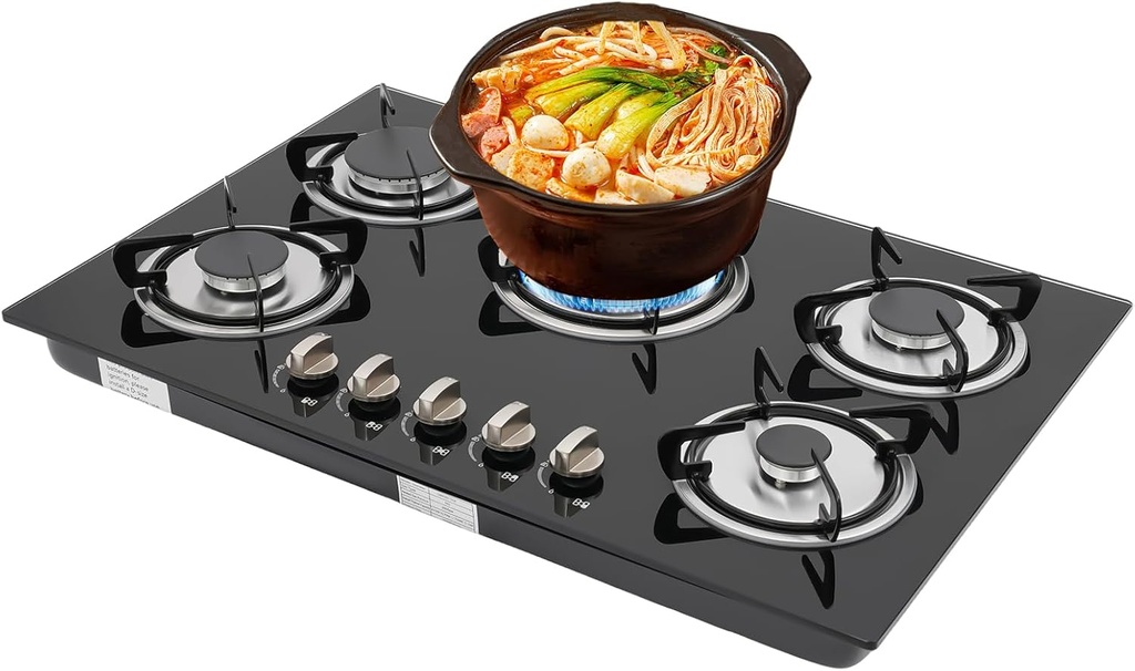 5-Burner Gas Cooktop,Natural Gas Built-in Stove with Tempered Polished Glass Surface,Cooker/Stovetop with Flameout Safety Protection Device,Metal Fire Cover Stove with Battery Ignition