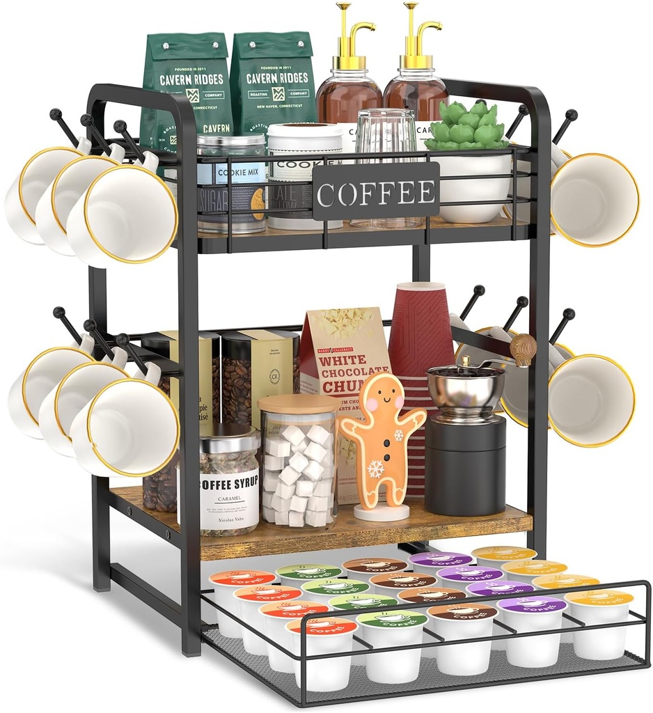 EsLuker.ly Coffee Bar Organizer Station Shelf Mug Holder, 3 Tier Coffee Cup Stand Rack for Countertop with 12 Hooks, K Cup Pod Organizer Drawer for Home Office, Keeps Essentials Tidy & Accessible