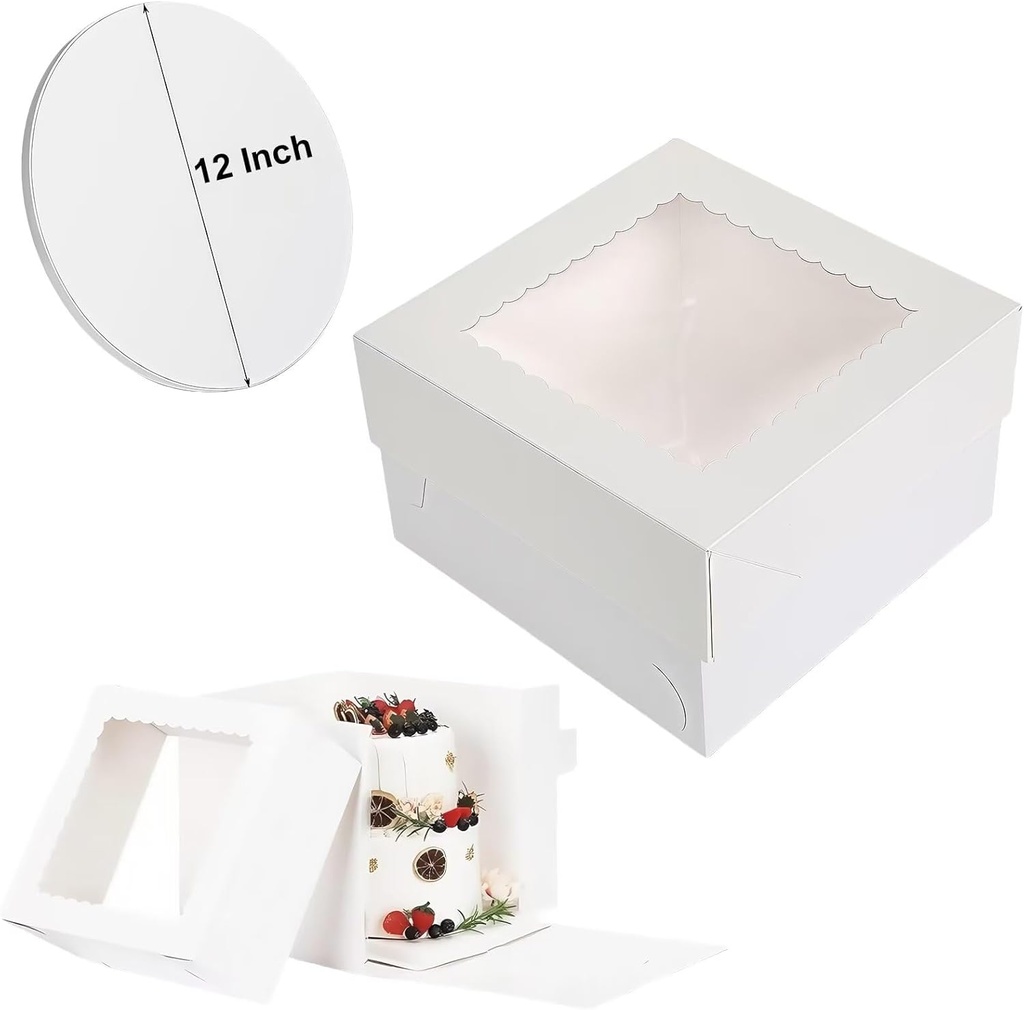 12 Inch Cake Boxes with Boards, Round Cake Drum White 1-Pack, Disposable Cake Container with Lid Tall Cake Carriers with Window, for Multi-Layer Cake, Donuts, Pies, Cookies, Wedding, Birthday, Party