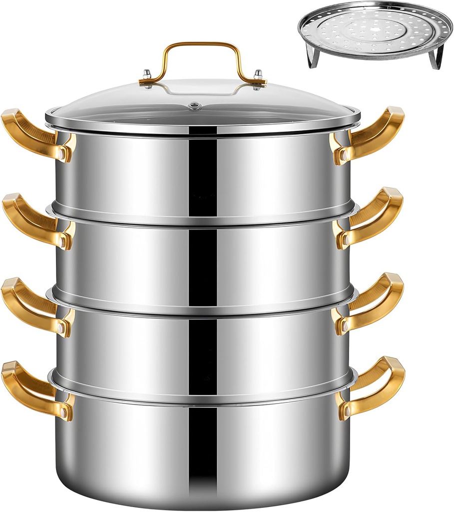 Premium Stainless Steel 4 Tier Steamer Set Gold Handles 34 cm Steam Pots Multipurpose Steaming Pot Cookware for Induction and Stove Food Steamer