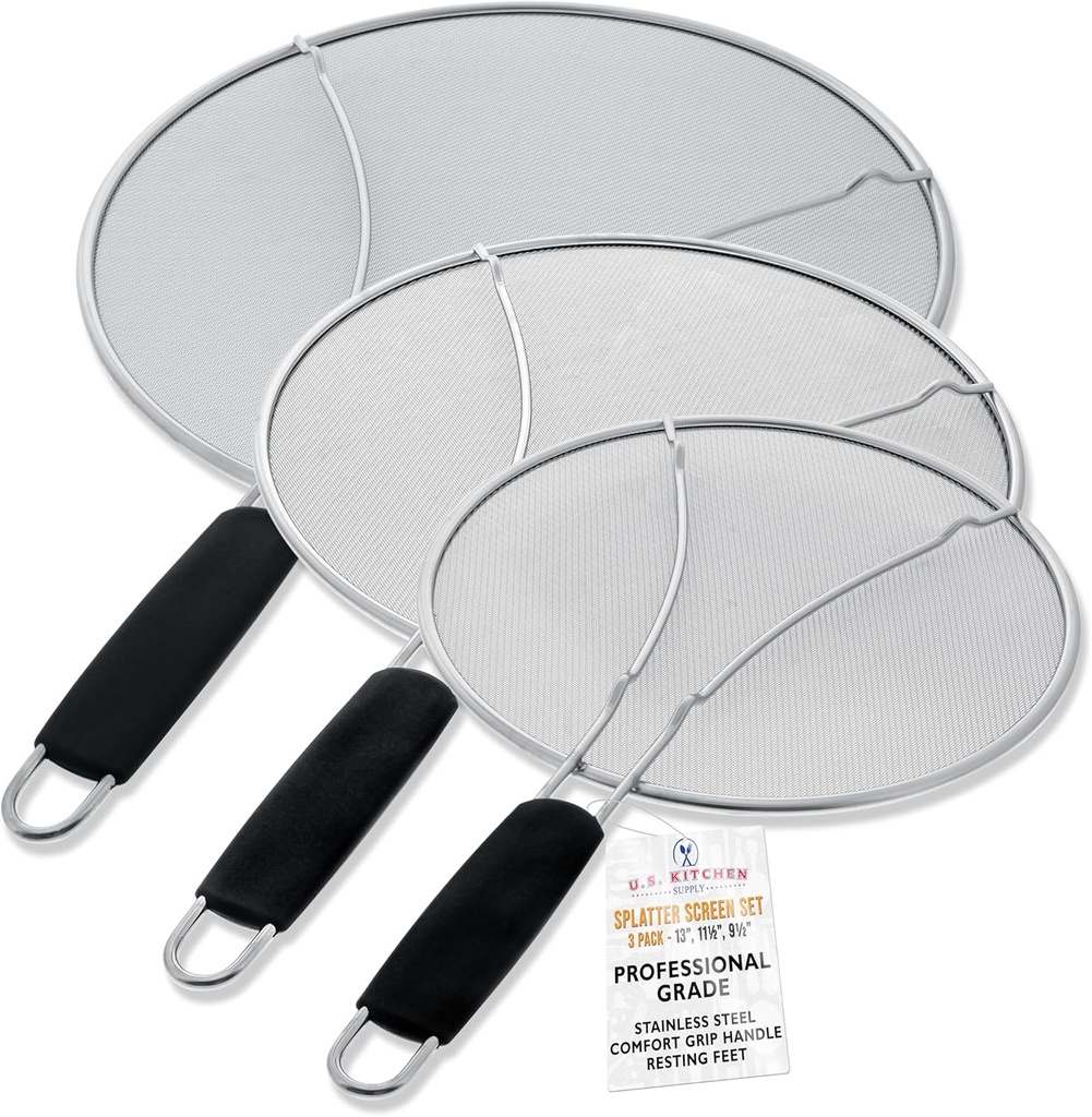 U.S. Kitchen Supply 3-Piece Stainless Steel Splatter Guard Set (13", 11.5", 9.5") Fine Mesh Cover, Grease & Oil, Splatter Screen for Frying Pan, Cooking Pots, with Resting Feet & Comfort Grip Handles