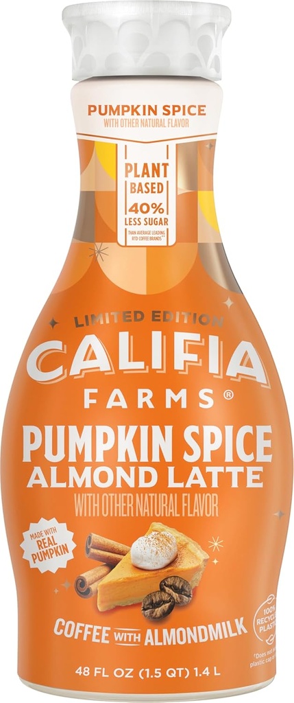Califia Farms - Pumpkin Spice Latte Cold Brew Coffee with Almond Milk, 48 Oz, 100% Arabica, Dairy Free, Plant Based, Vegan, Gluten Free, Non GMO, Iced Coffee