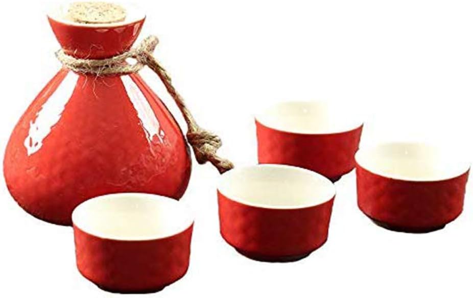 5 Pieces Sake Set, Red Glazed Ceramic Wine Glasses Set, Unique Elegant Lovely Design, for Warm/Cold/Shochu/Tea Service, Best Gift for Family and Friends-Tea Service