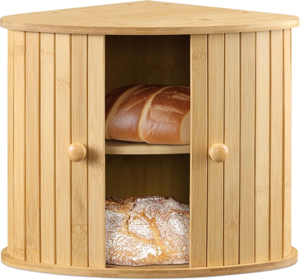 Navaris Wooden Bread Box - Countertop Kitchen Farmhouse Corner Wood Breadbox Container with Sliding Doors - 11.81" x 11.81" x 12.20" (30 x 30 x 31 cm)
