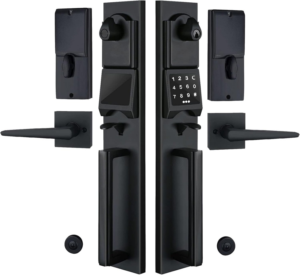 NEWBANG Right-Handed Matte Black Electronic Smart Handleset with Keypad Lock for Double Front Door（Keys Reserved）,MDHST2016DB-E-SET-RH