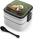 Adult Double-Layer Bento Box Cute Panda And Sloth Portable Lunch Box with Spoon And Invisible Handle Leakproof Microwave-Safe Food Container for Work Travel Camping