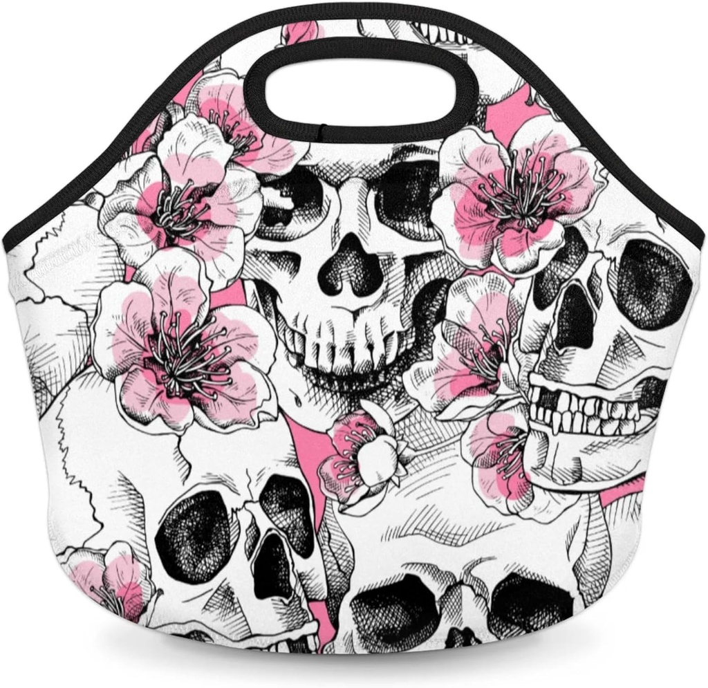 Day of The Dead Skull Neoprene Lunch Bag, Neoprene Lunch Box for Women Men Kids Cherry Blossom Skull Reusable Foldable Soft Lunch Bag With Zipper, Insulated Lunch Sack for School Work Picnic