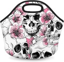 Day of The Dead Skull Neoprene Lunch Bag, Neoprene Lunch Box for Women Men Kids Cherry Blossom Skull Reusable Foldable Soft Lunch Bag With Zipper, Insulated Lunch Sack for School Work Picnic