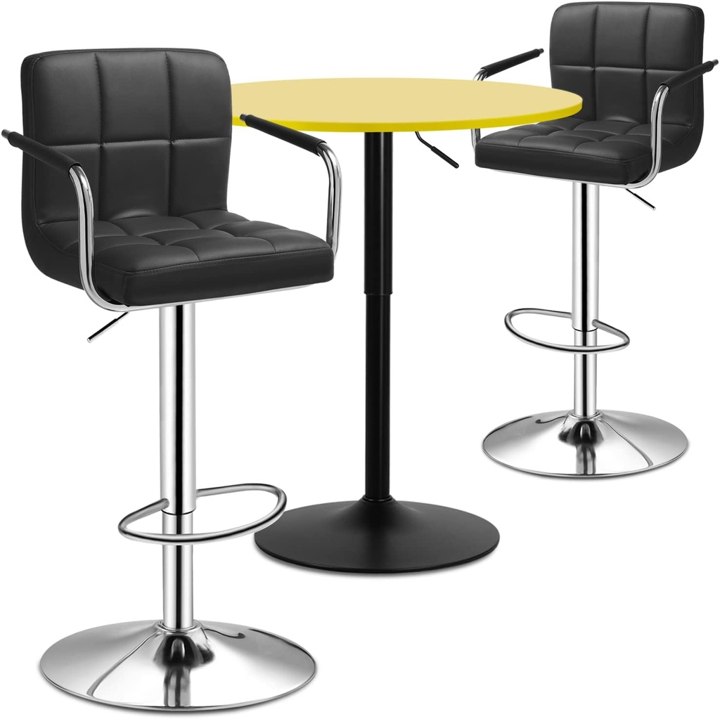 Magshion 3 Piece Bar Dining and Chair Set, Adjustable Bar Stools Set of 2 with Armrest Square Back and Bar Table Round Cocktail Table for Dining Room Home Kitchen Patio Bistro