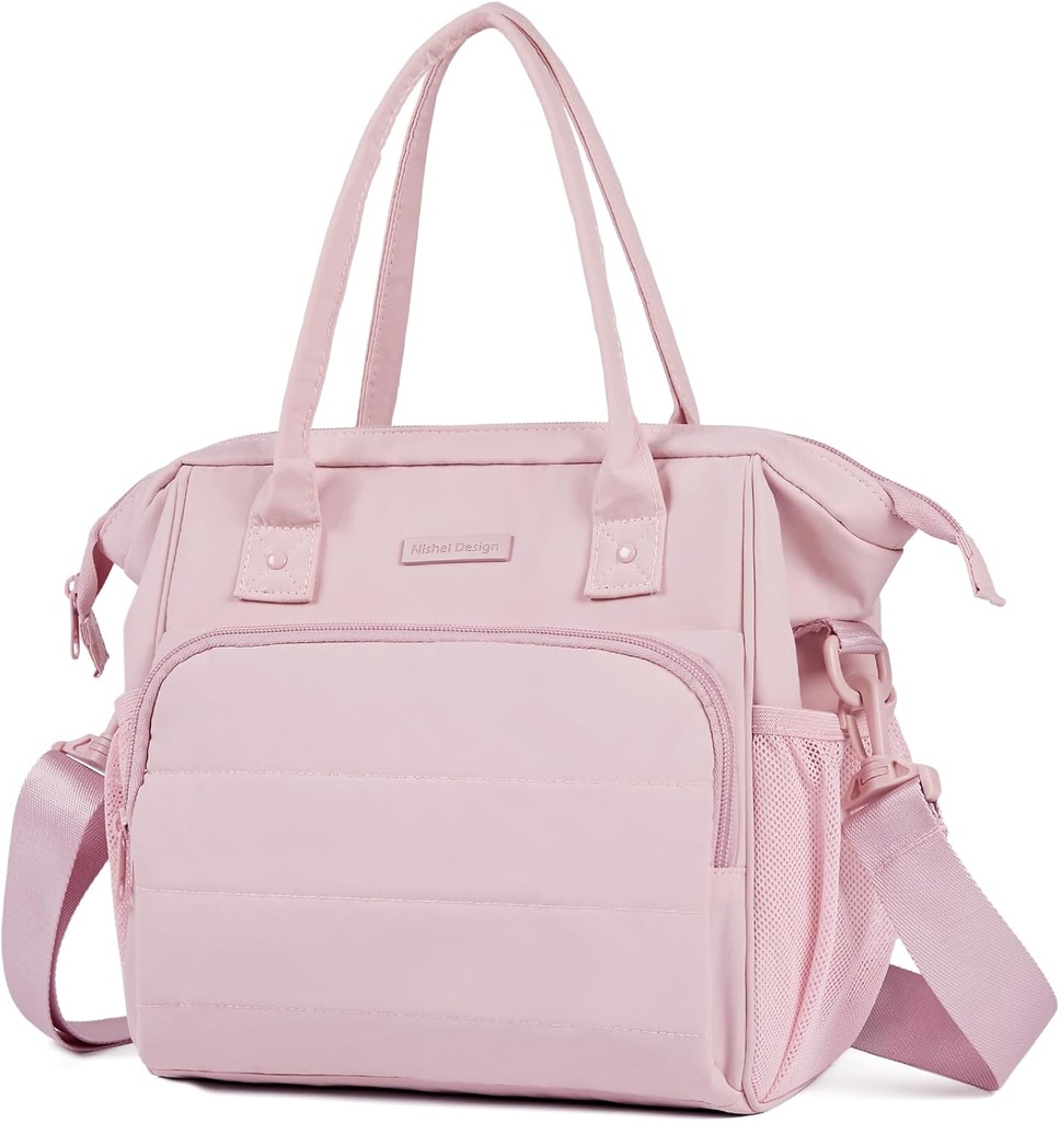 NISHEL Insulated Tote Lunch Bag for Women, Fluffy & Lightweight Wide-open Cooler Case with Leakproof Easy-Clean PEVA Lining, Multiple Pocket for Separate Storage, Ideal for Work, Picnic, Pink