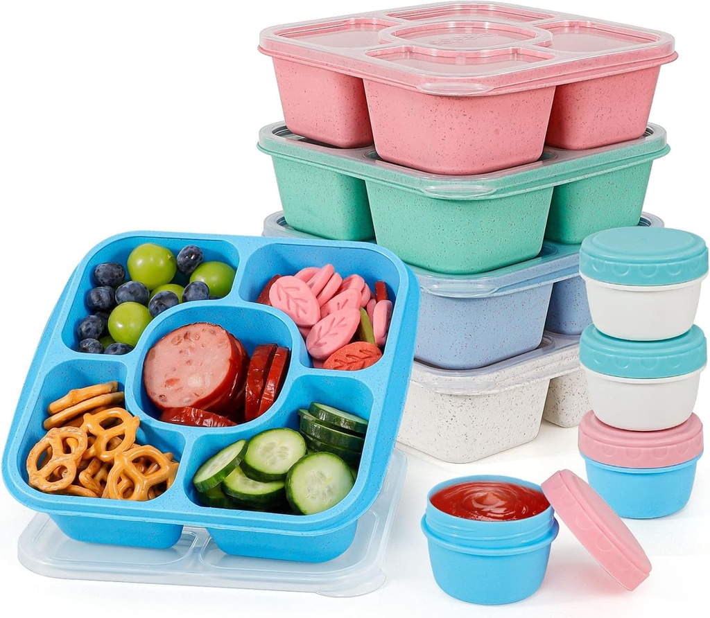 FANCILLA Snack Containers for Kids Adult 5 Pack, 5 Compartments Lunchable Container with 4 Sauce Containers, Reusable Stackable Snackle Lunch Bento Box, Wheat Straw, BPA-Free, Dishwasher Safe(Classic)