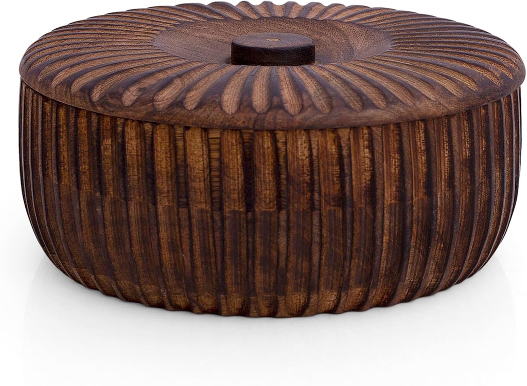 Handcrafted Wooden Mexican Tortilla Warmer Basket Indian Chapati Roti Bread Holder Box Pancake Keeper Serveware Hot Pot Casserole Dish With Lid Home Kitchen Dining Decor, Natural Brown, 9 x 3.5 Inches