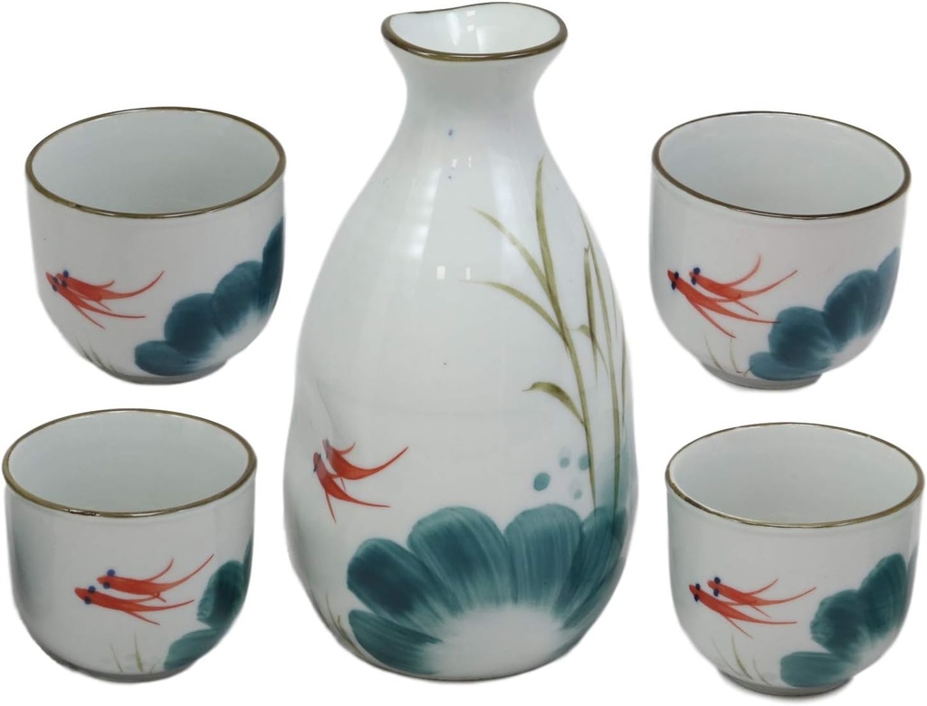 Ebros Gift Feng Shui 2 Swimming Koi Fishes In Zen Pond Glazed Porcelain Pottery Design Japanese Rice Wine Sake5 Piece Set Of 1 Tokkuri Serving Flask 10oz With 4 Ochoko Cups 2oz