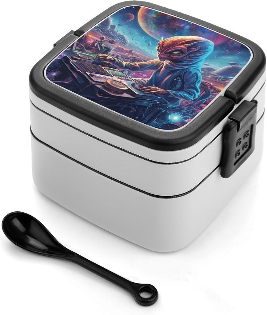 Space Landscape Bento Box Adult Lunch Box All-in-One Lunch Containers with Removable Compartments Double Layer Bento Lunch Box with Spoon And Handle Stackable Lunchbox