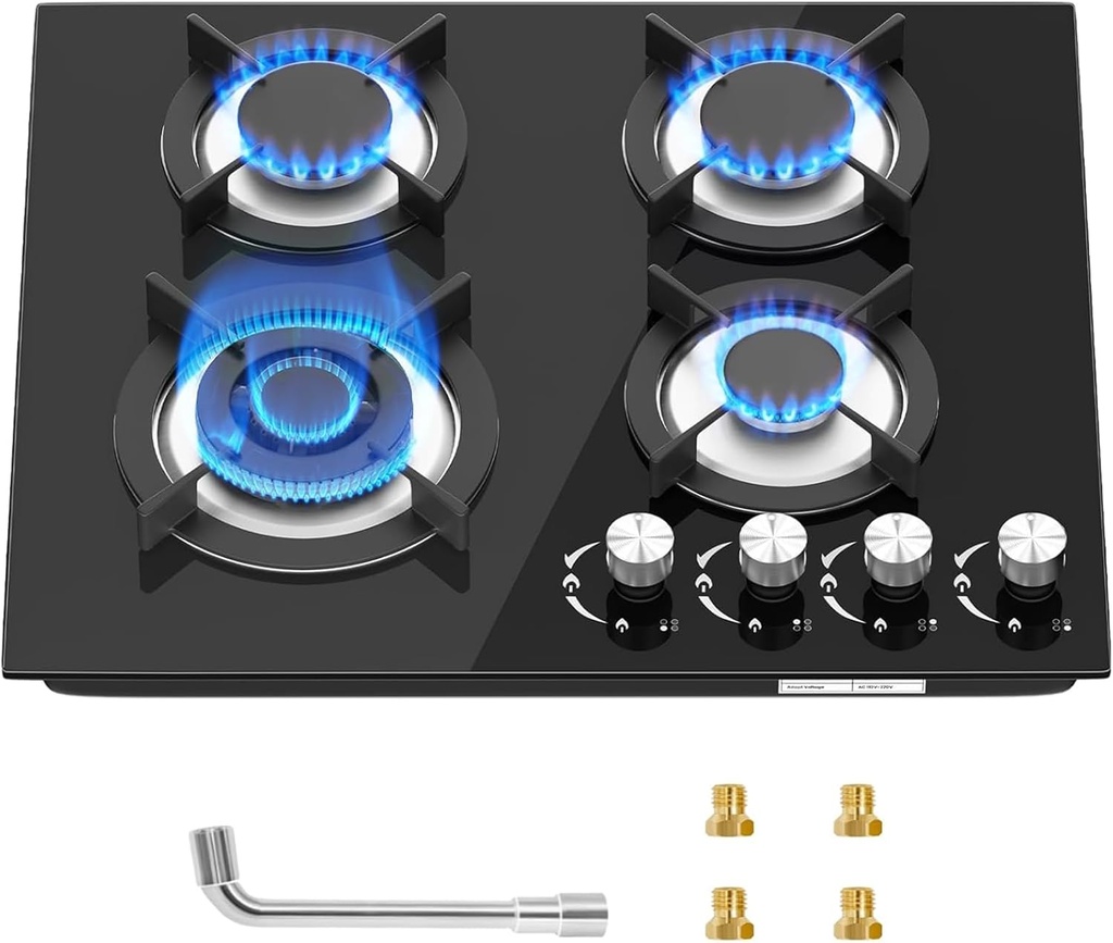 Gas Stove Top 23x20 Inch, Built-in Gas Cooktop 4 Burner, Dual Burners Propane Cooktop NG/LPG Convertible,Gas Cooktop with Thermocouple Protection for Cooking, Black Tempered Glass, 27400BTU