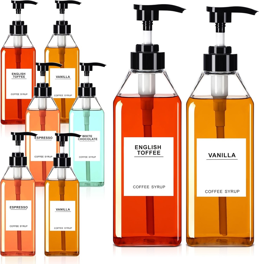 Nuogo 8 Pcs Coffee Syrup Bottles 25.4 Oz/750ml Syrup Pump Dispenser Pump Bottle for Coffee Empty Black Bottle with 27 Comprehensive Labels Kitchen Accessories